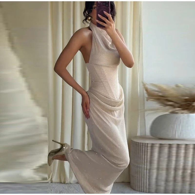  Elegant Rhinestone Halter Long Dress Women Boning Sleeveless Backless Draped Bodycon Dresses 20026 New Lady Evening Party Gown