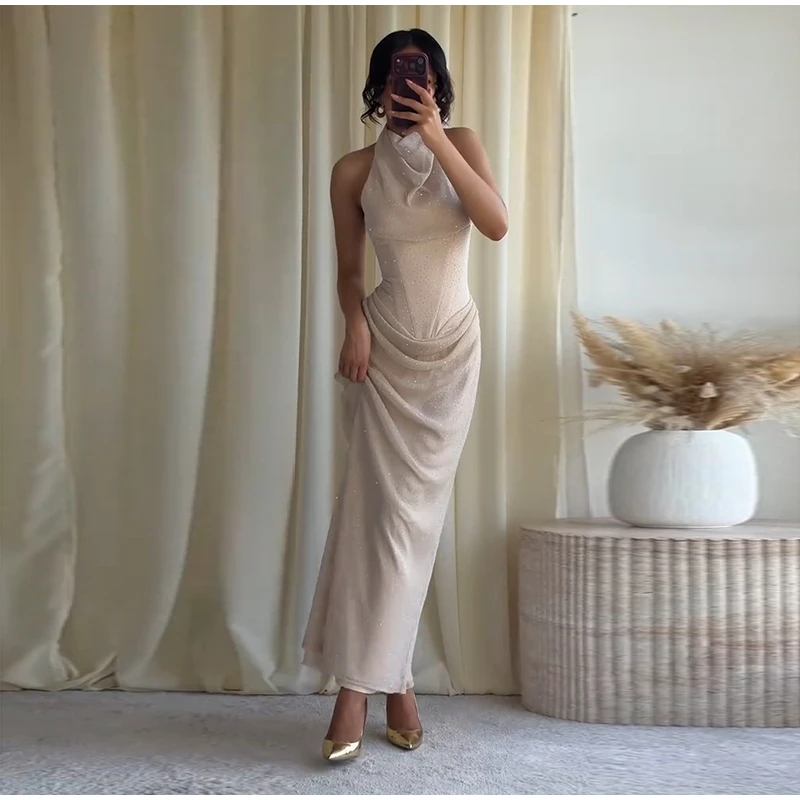  Elegant Rhinestone Halter Long Dress Women Boning Sleeveless Backless Draped Bodycon Dresses 20026 New Lady Evening Party Gown