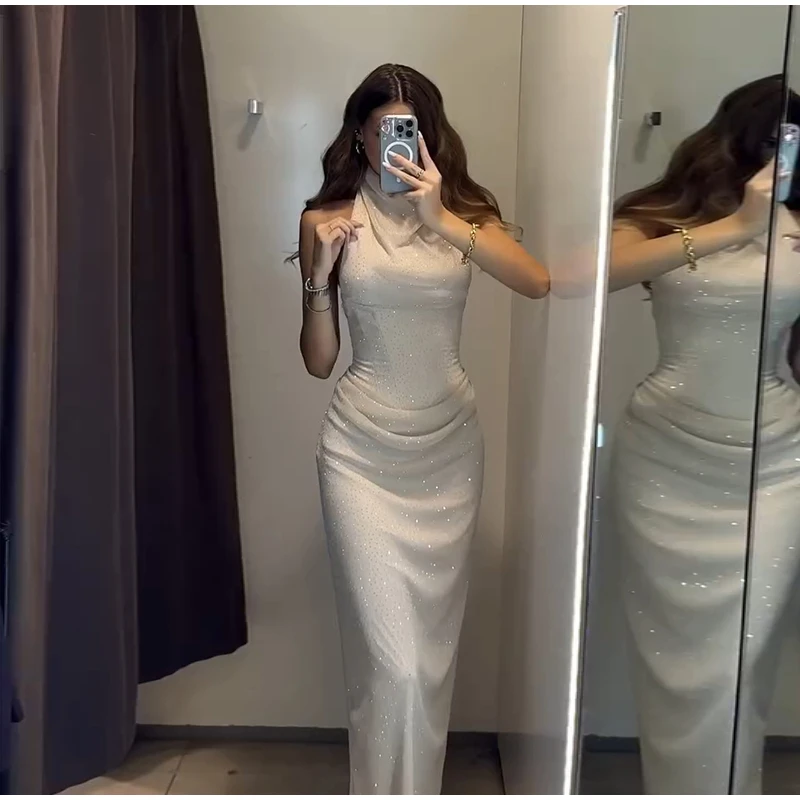  Elegant Rhinestone Halter Long Dress Women Boning Sleeveless Backless Draped Bodycon Dresses 20026 New Lady Evening Party Gown