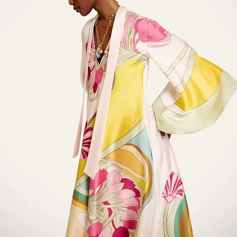 Elegant Multi Color Floral Satin Long Dress Women Stand Neck Bell Sleeve Loose Fit Maxi Dress Resort Wedding Evening Party Dress