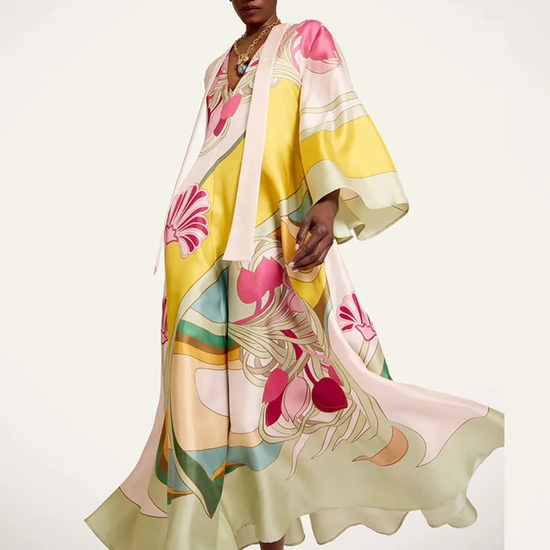 Elegant Multi Color Floral Satin Long Dress Women Stand Neck Bell Sleeve Loose Fit Maxi Dress Resort Wedding Evening Party Dress