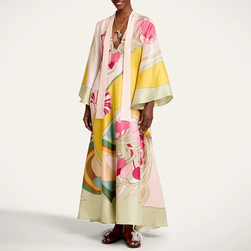 Elegant Multi Color Floral Satin Long Dress Women Stand Neck Bell Sleeve Loose Fit Maxi Dress Resort Wedding Evening Party Dress