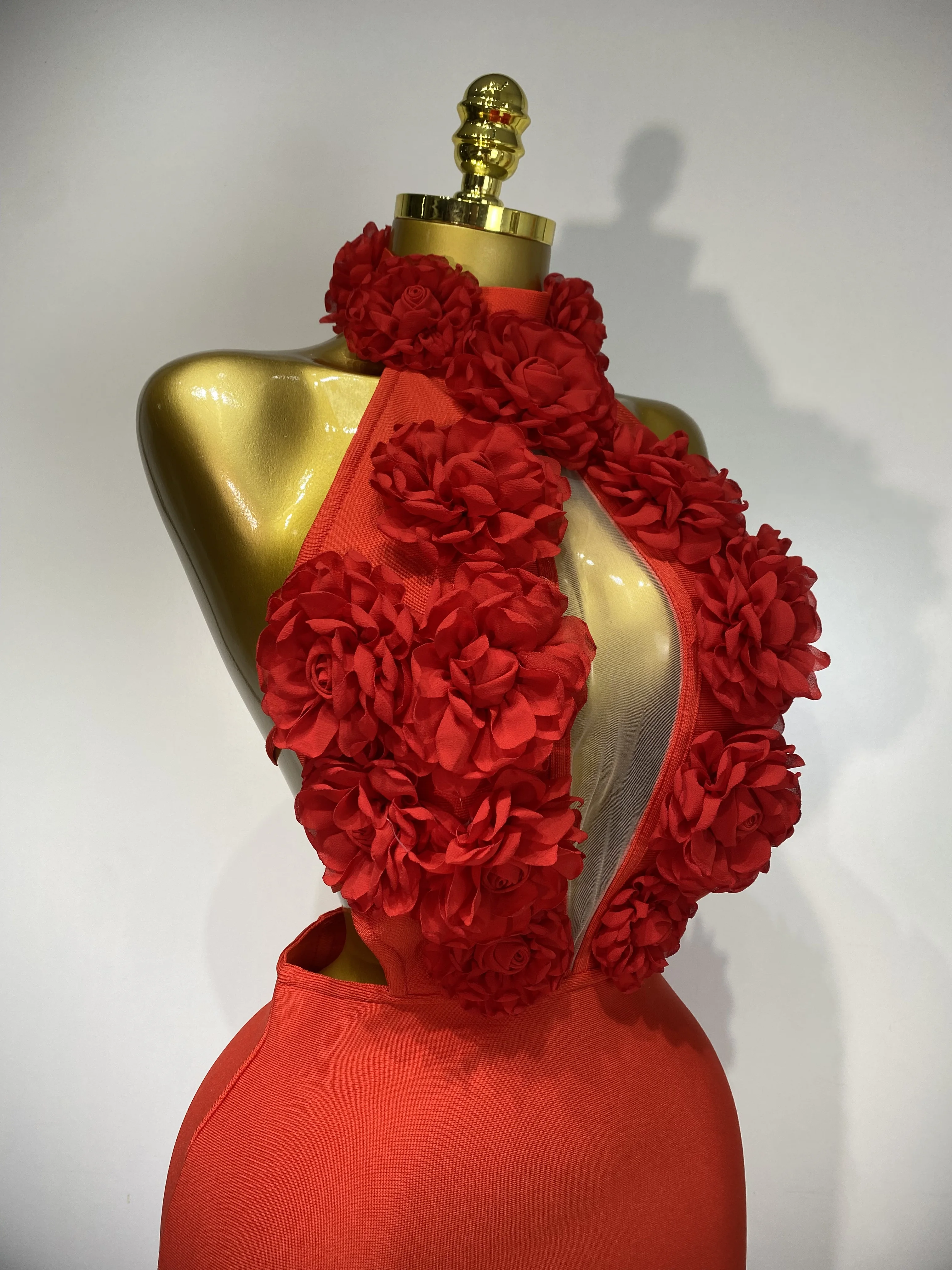 2025 New Women Sexy Halter Hollow Out Flowers Bodycon Bandage Dress Red Backless Elegant Party Luxury Birthday Wedding Dresses