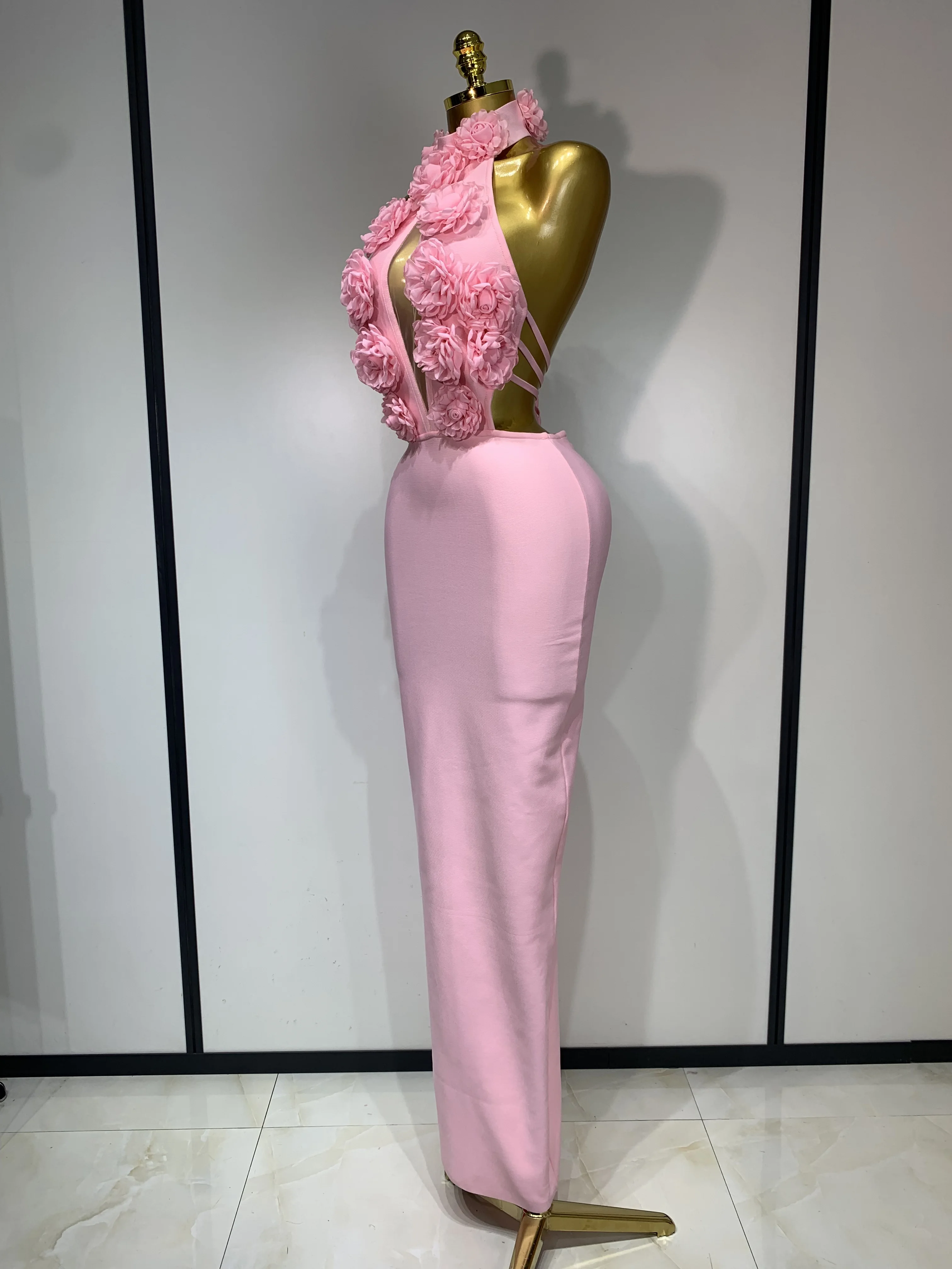 2025 New Women Sexy Halter Hollow Out Flowers Bodycon Bandage Dress Red Backless Elegant Party Luxury Birthday Wedding Dresses