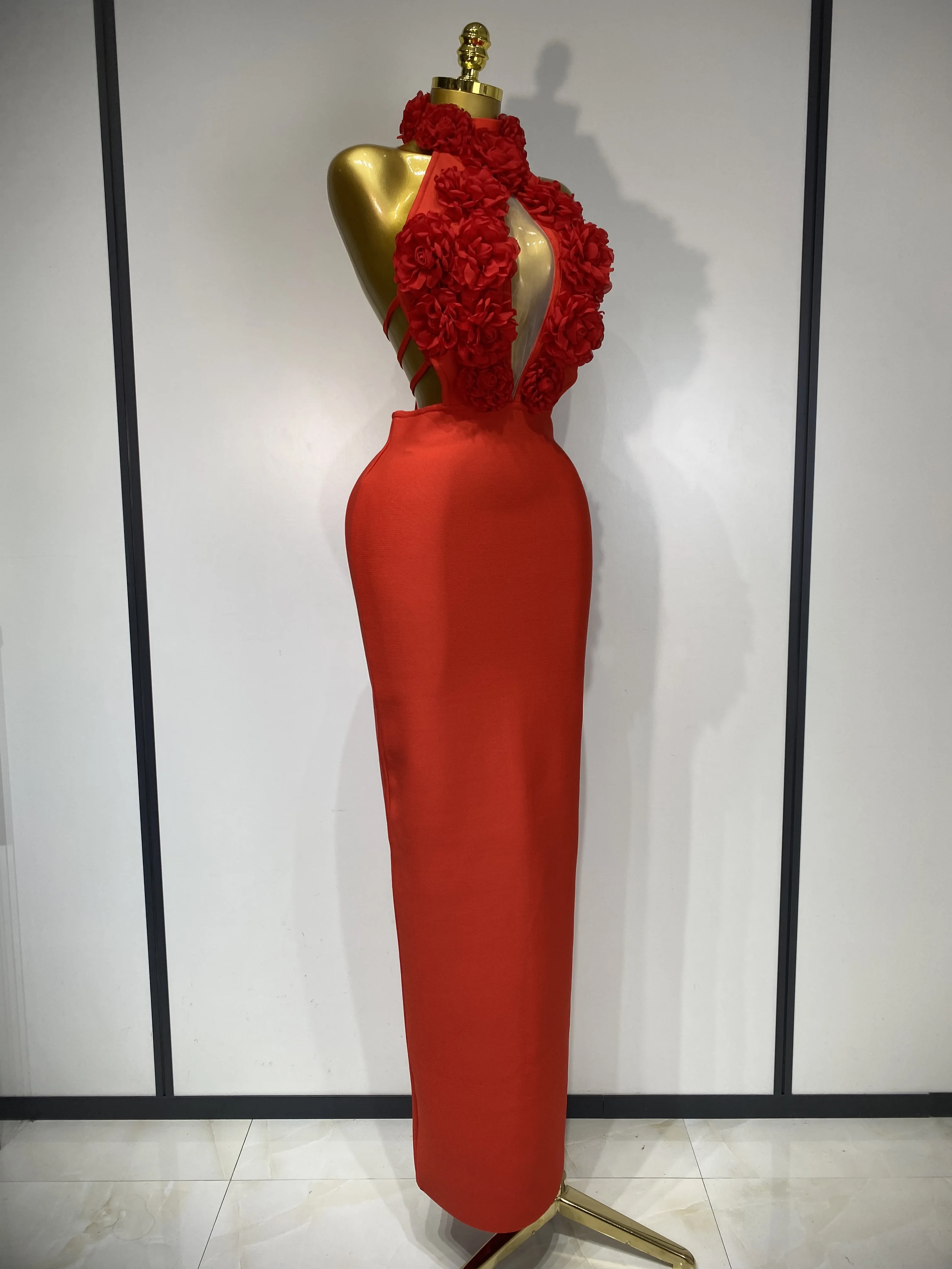 2025 New Women Sexy Halter Hollow Out Flowers Bodycon Bandage Dress Red Backless Elegant Party Luxury Birthday Wedding Dresses