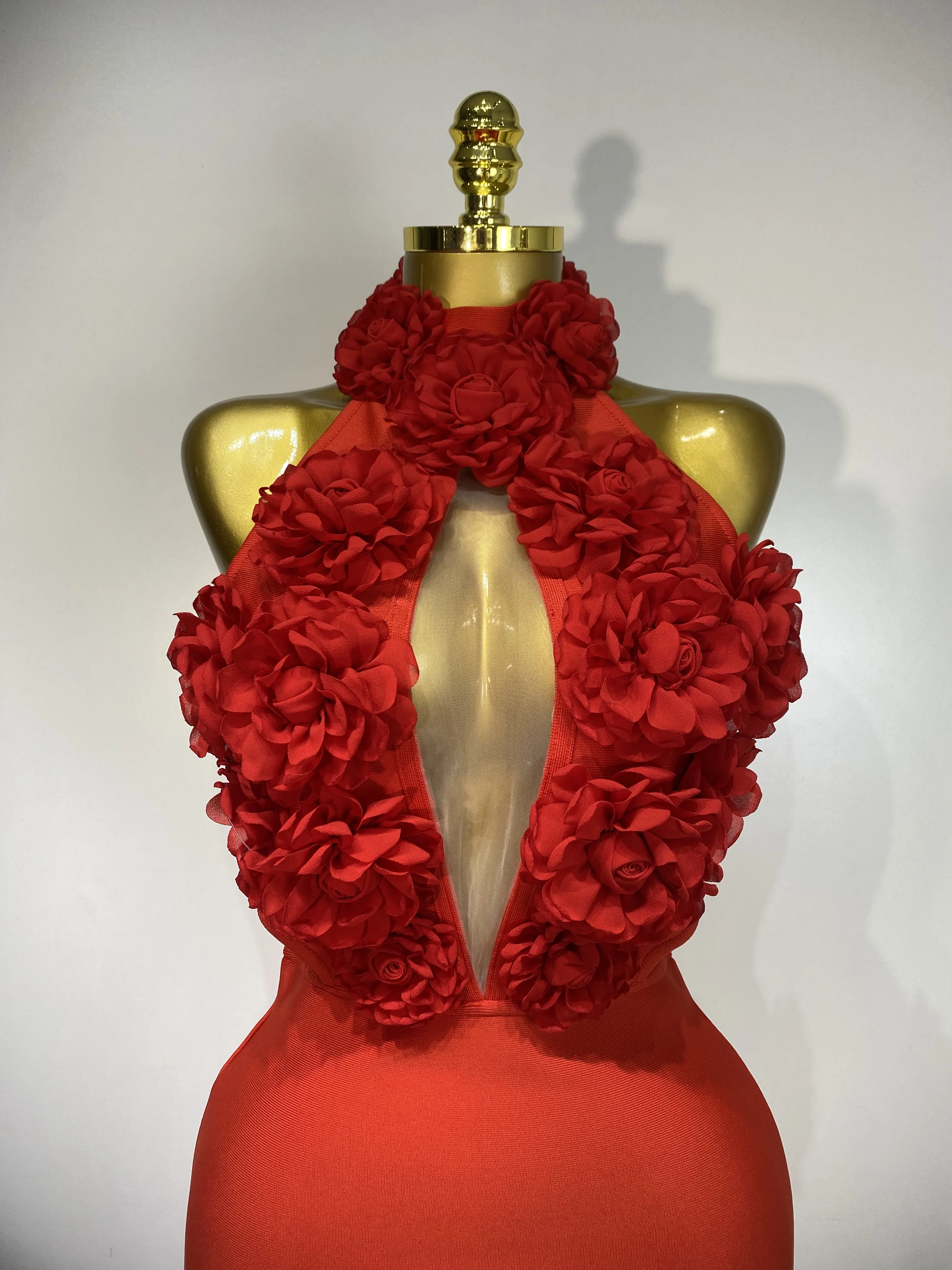 2025 New Women Sexy Halter Hollow Out Flowers Bodycon Bandage Dress Red Backless Elegant Party Luxury Birthday Wedding Dresses