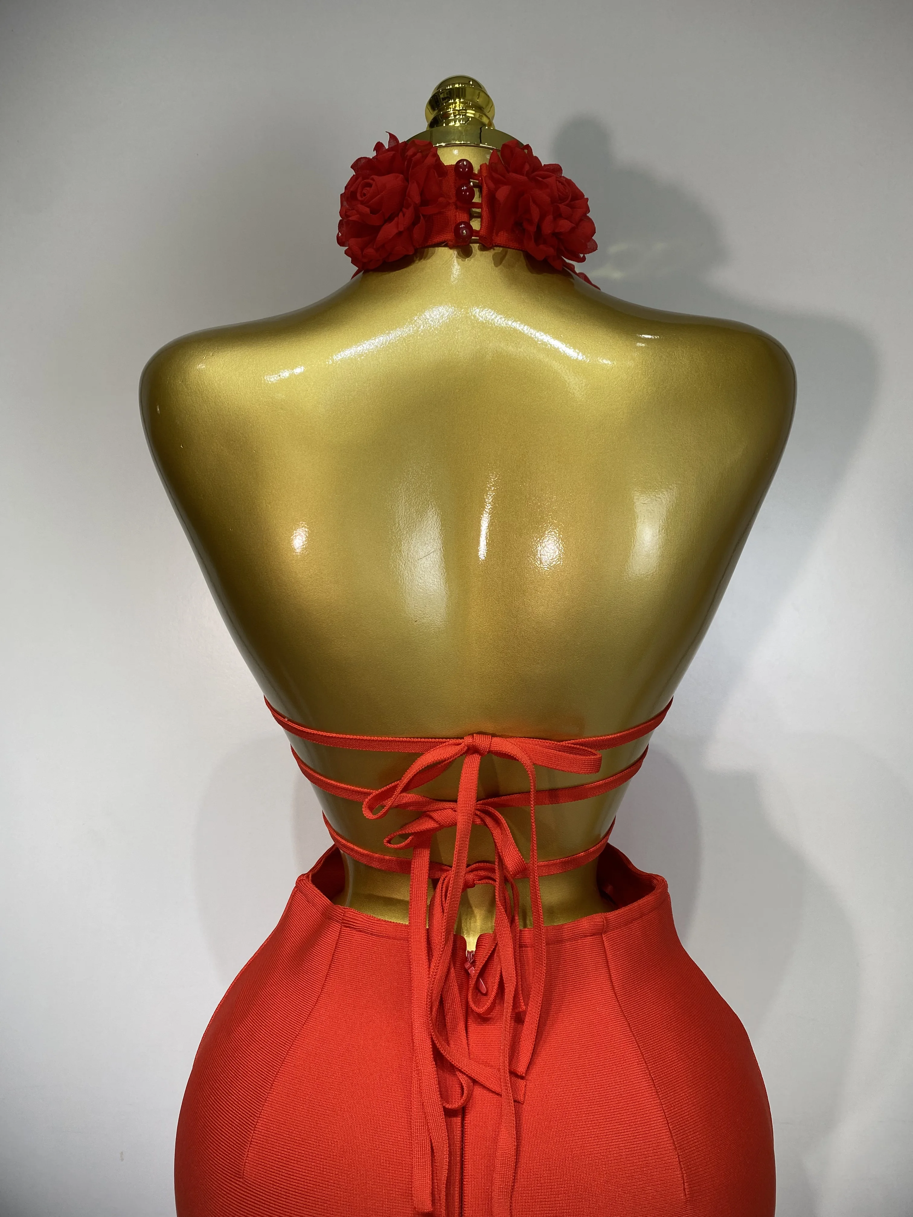 2025 New Women Sexy Halter Hollow Out Flowers Bodycon Bandage Dress Red Backless Elegant Party Luxury Birthday Wedding Dresses