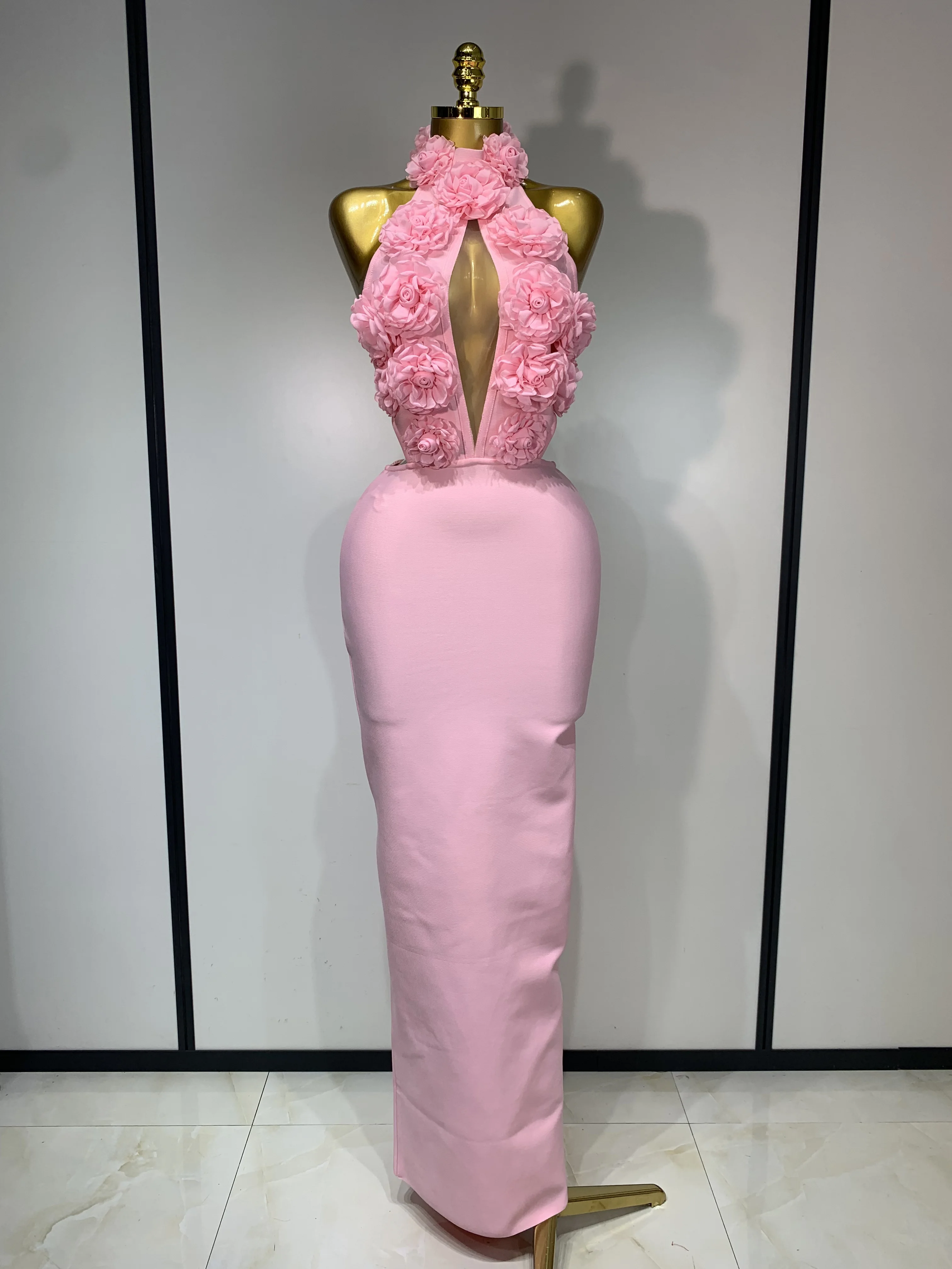 2025 New Women Sexy Halter Hollow Out Flowers Bodycon Bandage Dress Red Backless Elegant Party Luxury Birthday Wedding Dresses