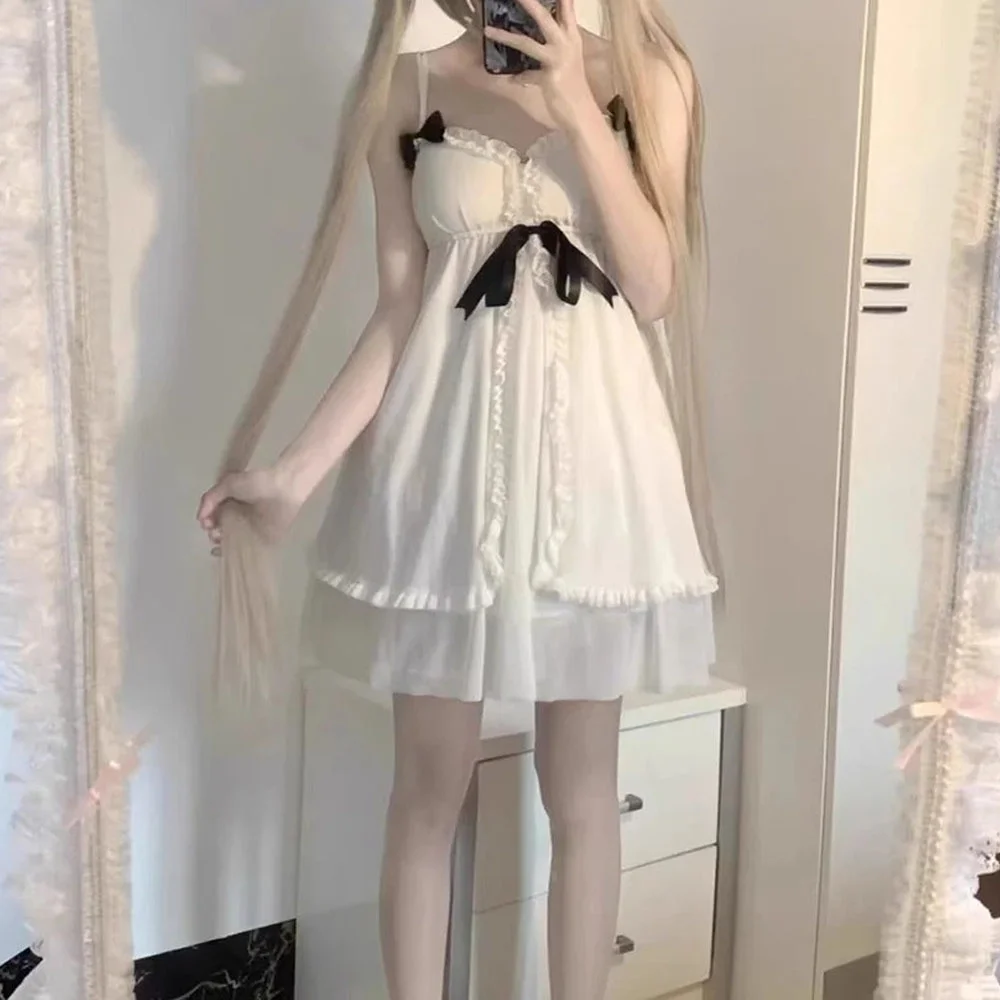 White Sweet Anime Cosplay Costume Girl Sweet Lolita Dress Sling Sexy Kawaii Japanese Pajamas Summer Nightgown Ruffle Nightwear