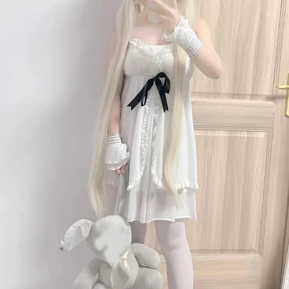 White Sweet Anime Cosplay Costume Girl Sweet Lolita Dress Sling Sexy Kawaii Japanese Pajamas Summer Nightgown Ruffle Nightwear
