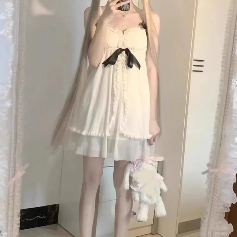 White Sweet Anime Cosplay Costume Girl Sweet Lolita Dress Sling Sexy Kawaii Japanese Pajamas Summer Nightgown Ruffle Nightwear
