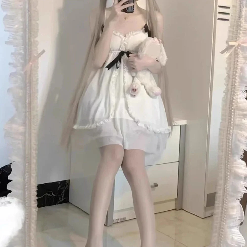 White Sweet Anime Cosplay Costume Girl Sweet Lolita Dress Sling Sexy Kawaii Japanese Pajamas Summer Nightgown Ruffle Nightwear