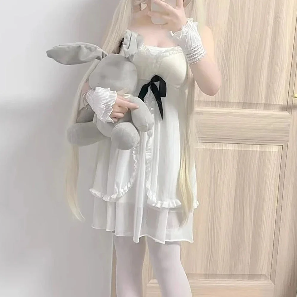 White Sweet Anime Cosplay Costume Girl Sweet Lolita Dress Sling Sexy Kawaii Japanese Pajamas Summer Nightgown Ruffle Nightwear