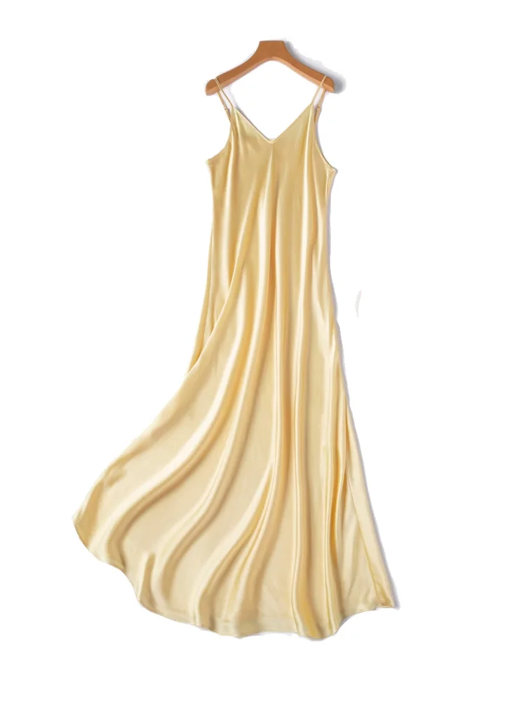 SuyaDream Woman Long Dress, 100%Real Silk, V Neck, Solid Spaghetti Strap Dresses, 2025 Elegant Chic Clothes