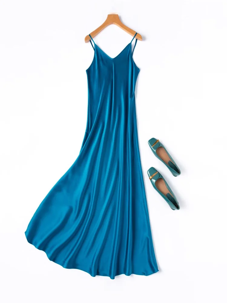 SuyaDream Woman Long Dress, 100%Real Silk, V Neck, Solid Spaghetti Strap Dresses, 2025 Elegant Chic Clothes