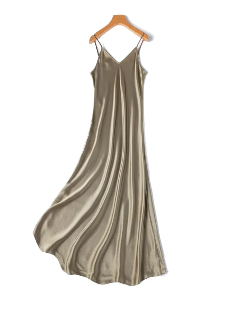 SuyaDream Woman Long Dress, 100%Real Silk, V Neck, Solid Spaghetti Strap Dresses, 2025 Elegant Chic Clothes