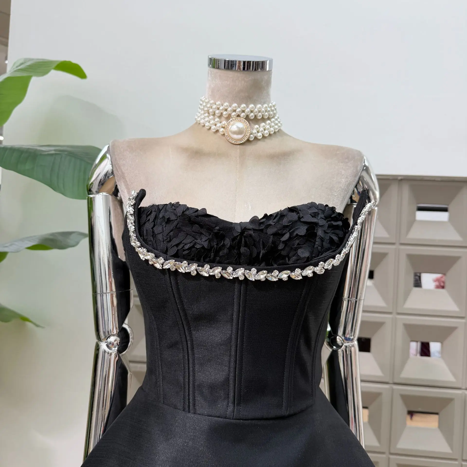 New Women Sexy Backless Floral Strapless Rhinestone Diamond Stylish Fashion Chic Dresses Party Christmas Ball Evening Gown Dress