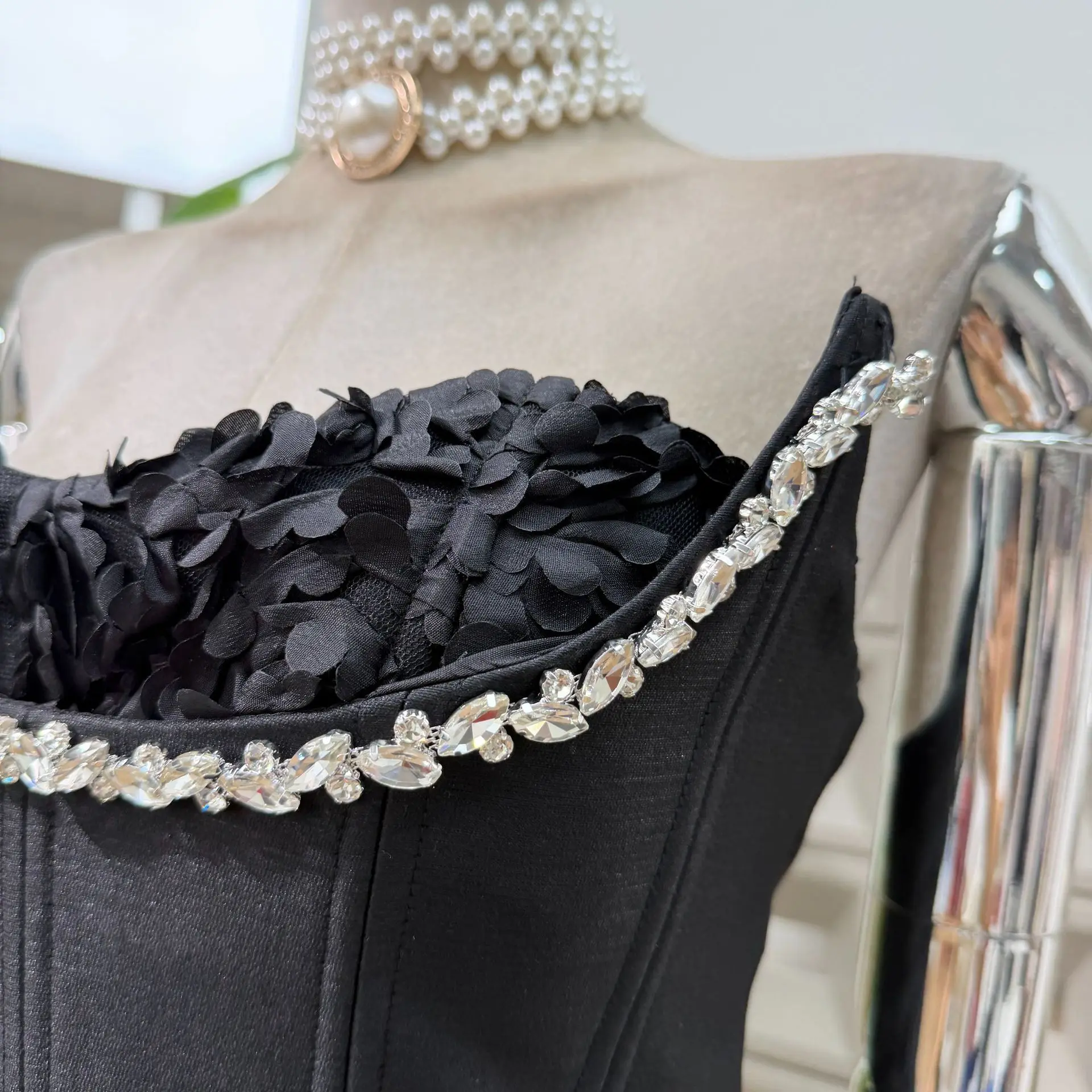 New Women Sexy Backless Floral Strapless Rhinestone Diamond Stylish Fashion Chic Dresses Party Christmas Ball Evening Gown Dress