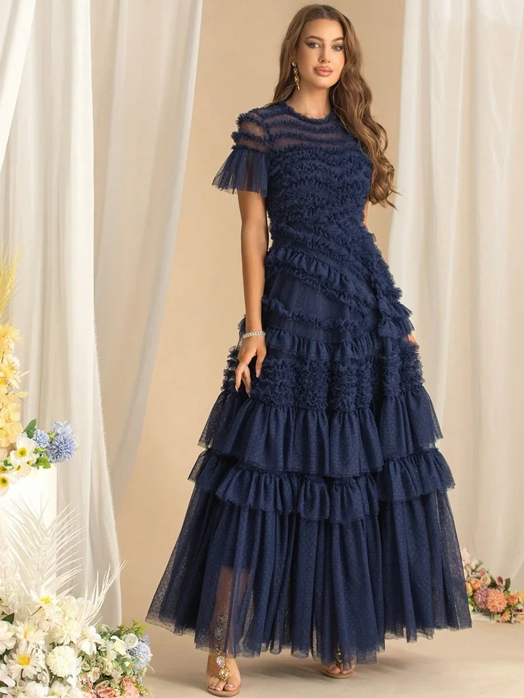 QMQA Fashion Women's Elegant Evening Dresses Round Neck Short Sleeve Spliced Ruffles Big Swing Banquet Dress 2026 New QM1138
