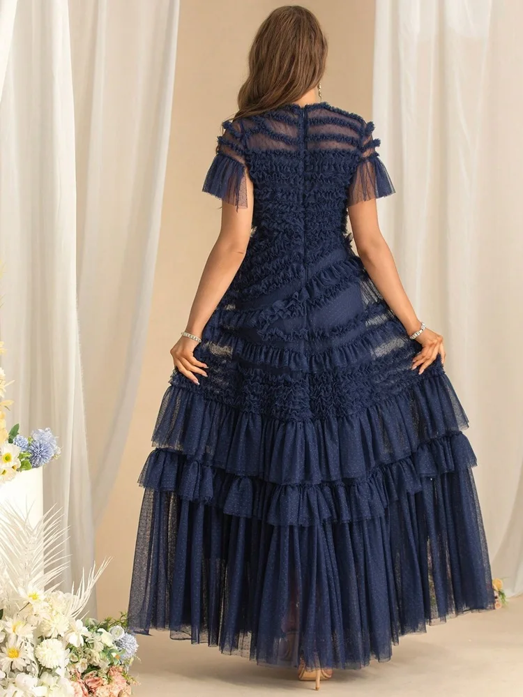 QMQA Fashion Women's Elegant Evening Dresses Round Neck Short Sleeve Spliced Ruffles Big Swing Banquet Dress 2026 New QM1138