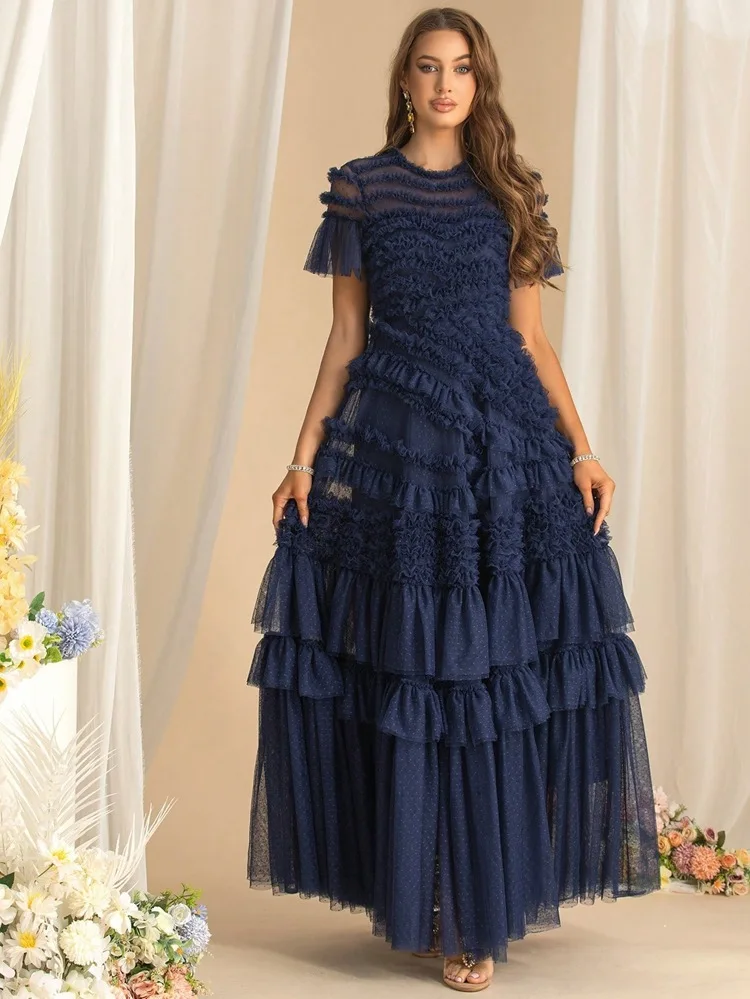 QMQA Fashion Women's Elegant Evening Dresses Round Neck Short Sleeve Spliced Ruffles Big Swing Banquet Dress 2026 New QM1138
