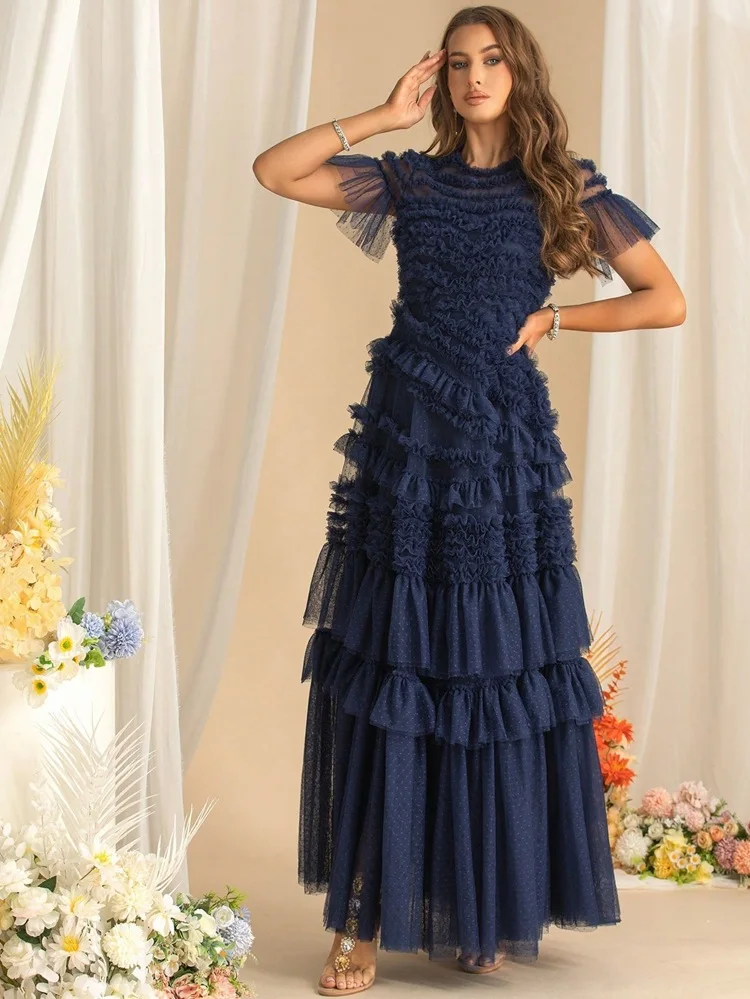 QMQA Fashion Women's Elegant Evening Dresses Round Neck Short Sleeve Spliced Ruffles Big Swing Banquet Dress 2026 New QM1138