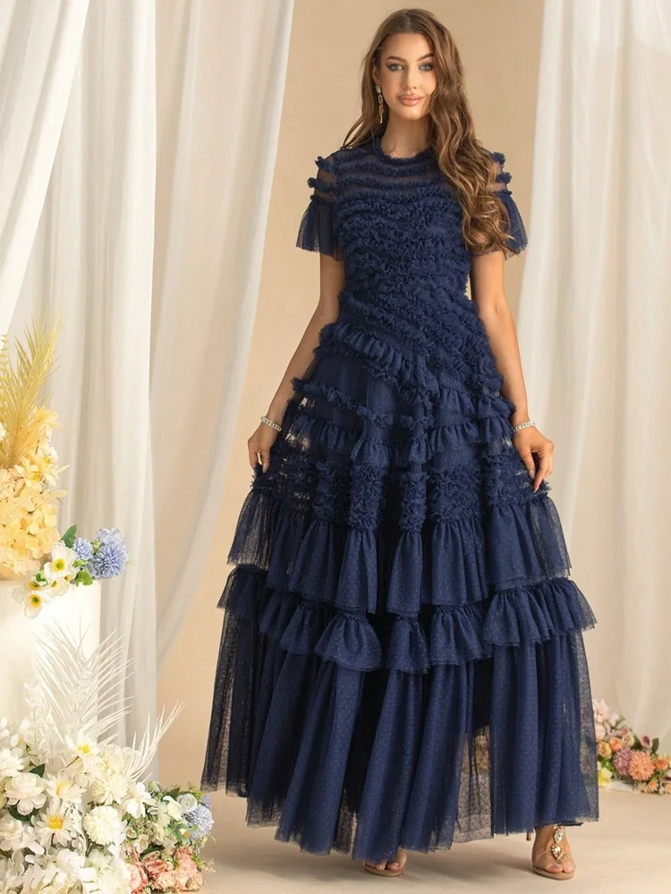 QMQA Fashion Women's Elegant Evening Dresses Round Neck Short Sleeve Spliced Ruffles Big Swing Banquet Dress 2026 New QM1138