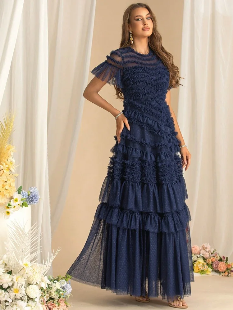 QMQA Fashion Women's Elegant Evening Dresses Round Neck Short Sleeve Spliced Ruffles Big Swing Banquet Dress 2026 New QM1138