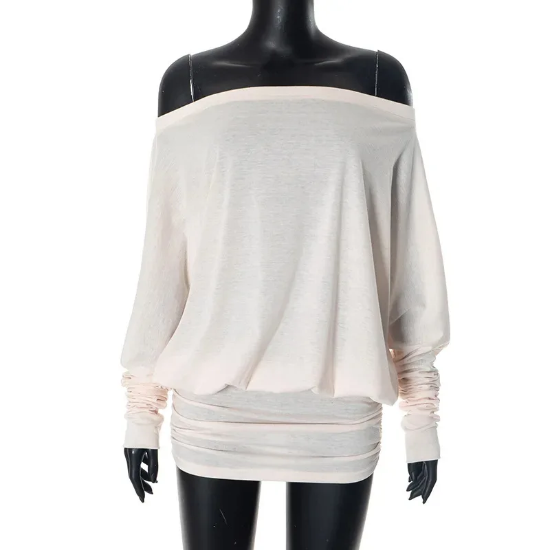 Off shoulder long sleeved t-shirt for women, irregular and chic, slanted shoulder, one shoulder, outerwear, dress