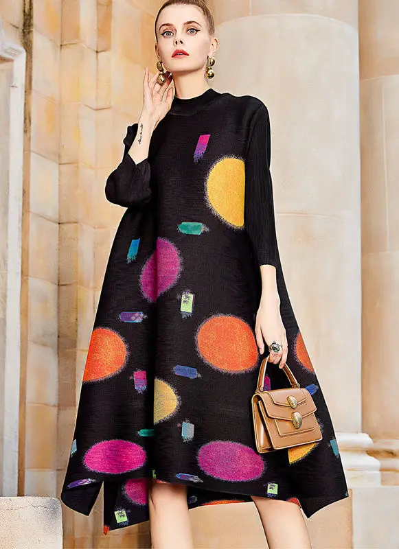 Pleated Colorful Print Dress 2022 Summer New Loose Half High Neck Long Dress Loose Fit Slight Strech