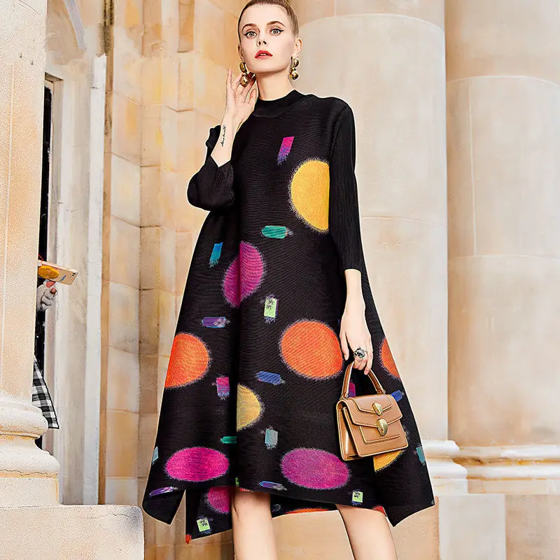 Pleated Colorful Print Dress 2022 Summer New Loose Half High Neck Long Dress Loose Fit Slight Strech