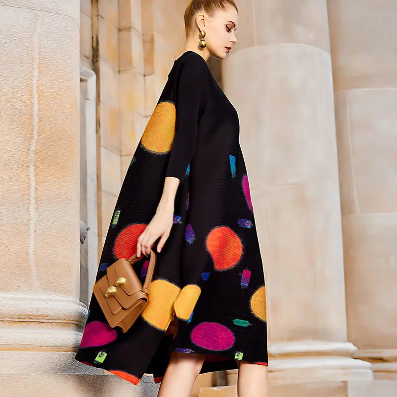Pleated Colorful Print Dress 2022 Summer New Loose Half High Neck Long Dress Loose Fit Slight Strech