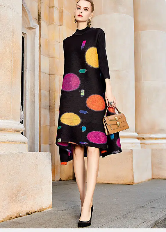 Pleated Colorful Print Dress 2022 Summer New Loose Half High Neck Long Dress Loose Fit Slight Strech