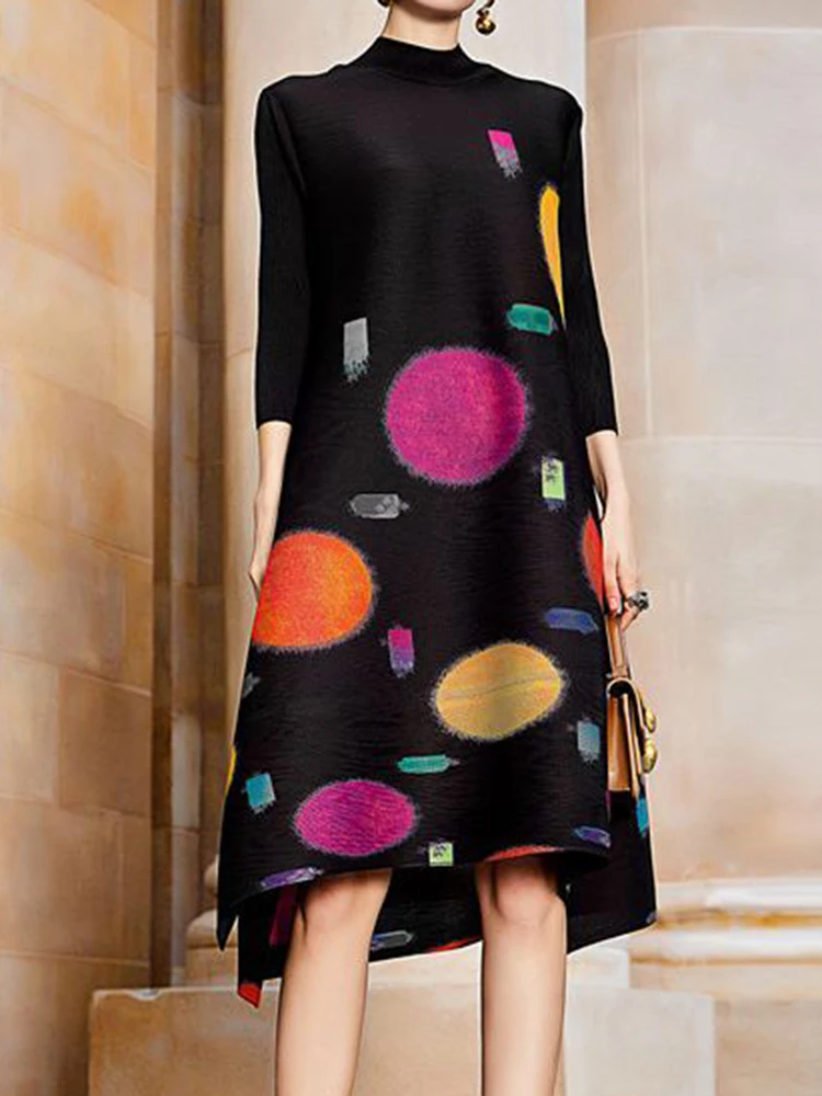 Pleated Colorful Print Dress 2022 Summer New Loose Half High Neck Long Dress Loose Fit Slight Strech