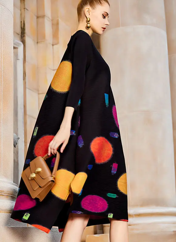 Pleated Colorful Print Dress 2022 Summer New Loose Half High Neck Long Dress Loose Fit Slight Strech