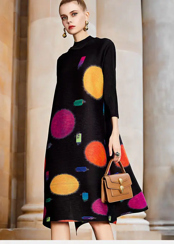 Pleated Colorful Print Dress 2022 Summer New Loose Half High Neck Long Dress Loose Fit Slight Strech