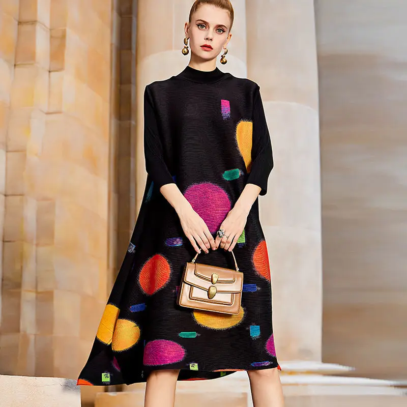 Pleated Colorful Print Dress 2022 Summer New Loose Half High Neck Long Dress Loose Fit Slight Strech