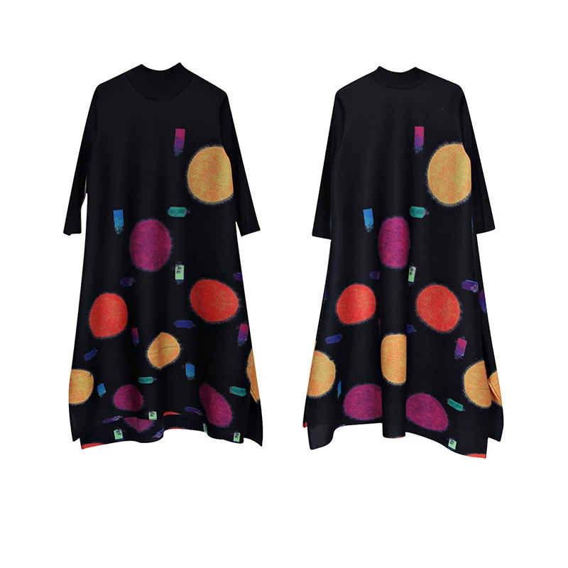 Pleated Colorful Print Dress 2022 Summer New Loose Half High Neck Long Dress Loose Fit Slight Strech