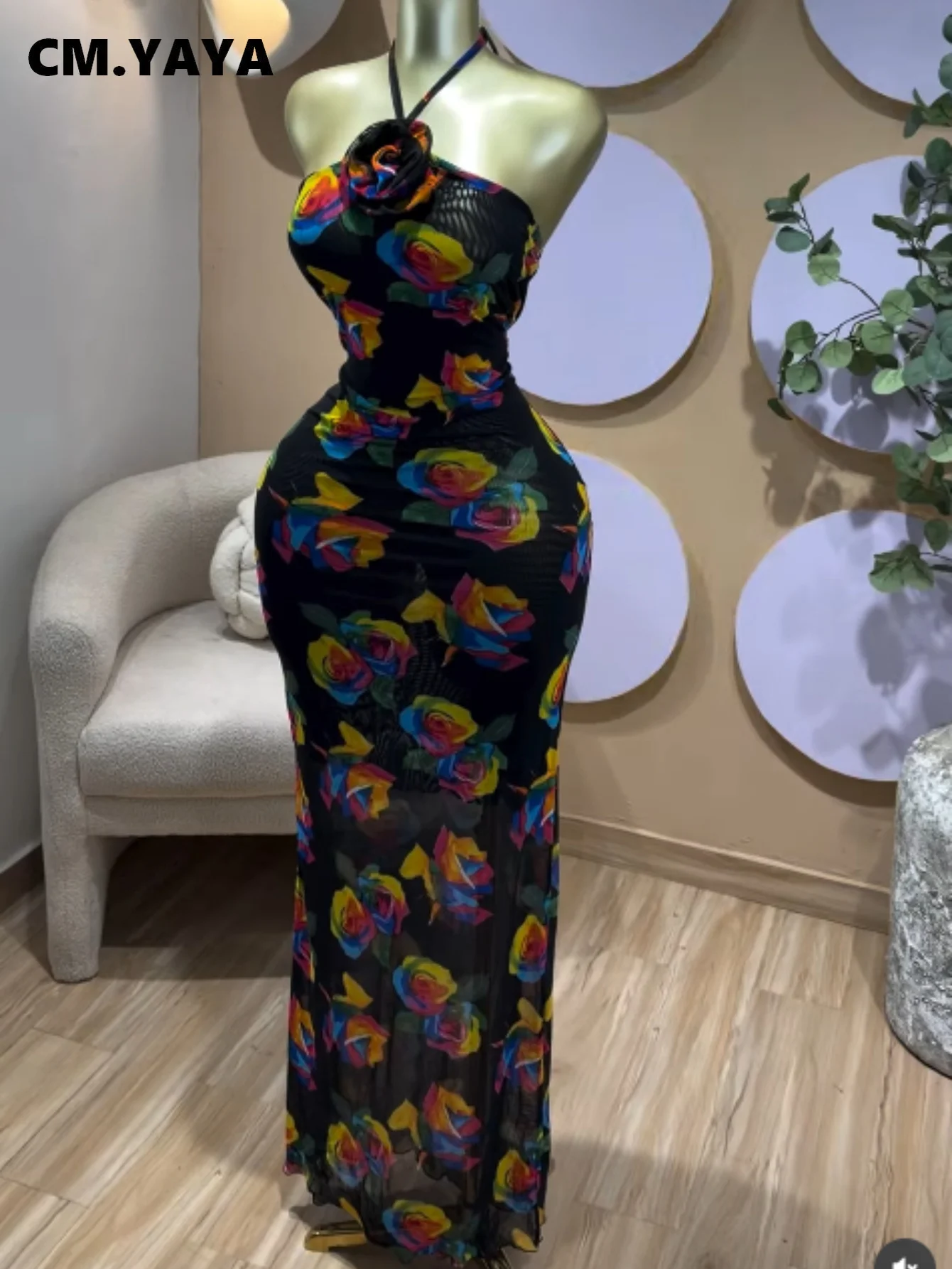 CM.YAYA Women's Elegant Floral Printed Halter Neck Sleeveless Maxi Dress | Evening Party Wedding Guest Prom Long Pencil Dresses
