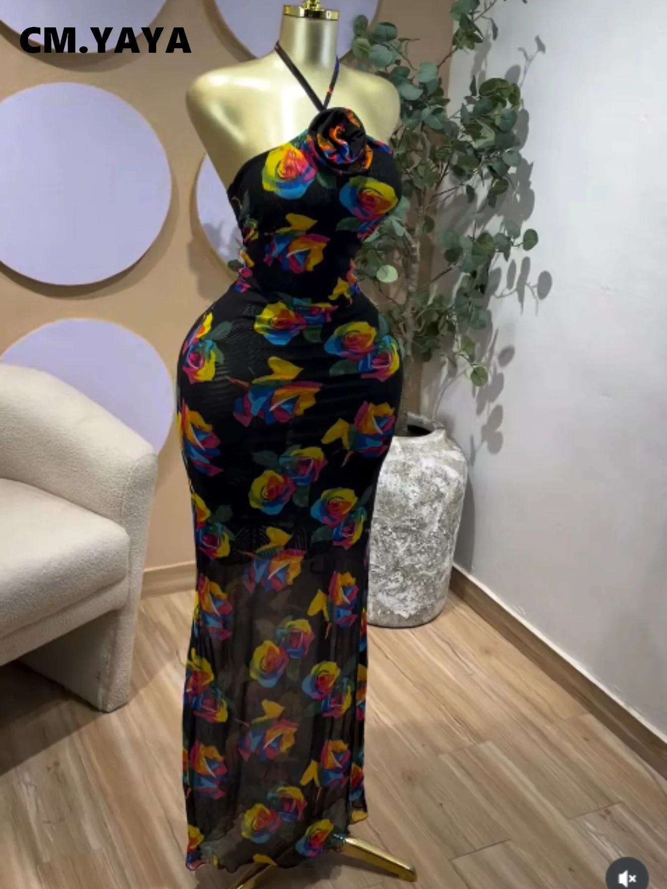 CM.YAYA Women's Elegant Floral Printed Halter Neck Sleeveless Maxi Dress | Evening Party Wedding Guest Prom Long Pencil Dresses