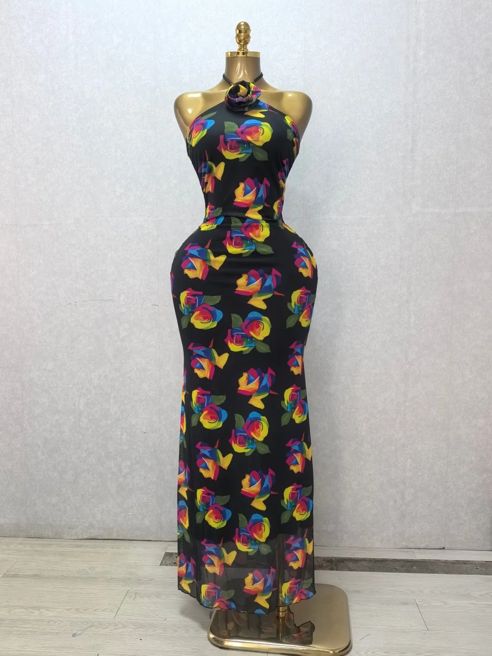 CM.YAYA Women's Elegant Floral Printed Halter Neck Sleeveless Maxi Dress | Evening Party Wedding Guest Prom Long Pencil Dresses