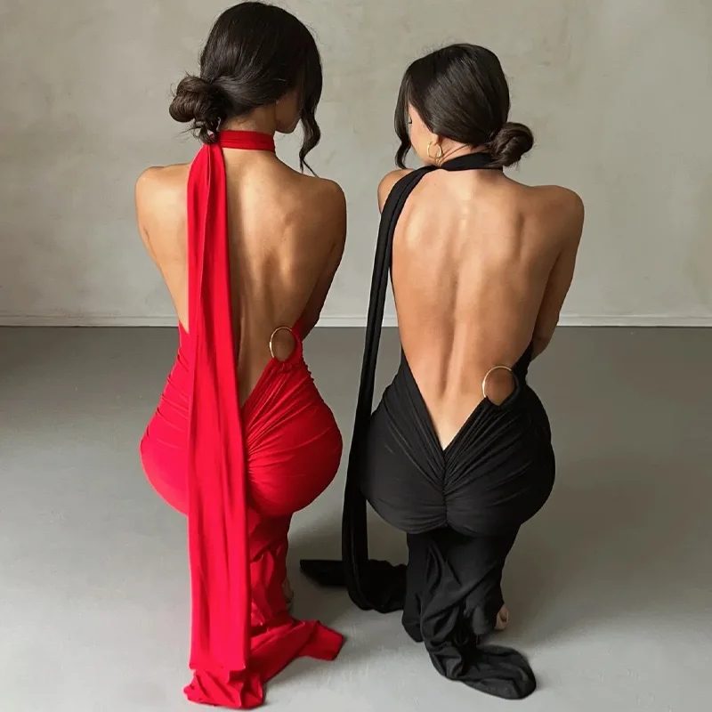 Women's One-Shoulder Sleeveless Maxi Dress Adjustable Scarf Loop Ruched Backless Bodycon Festival Party Outfit Elegant Long Gown