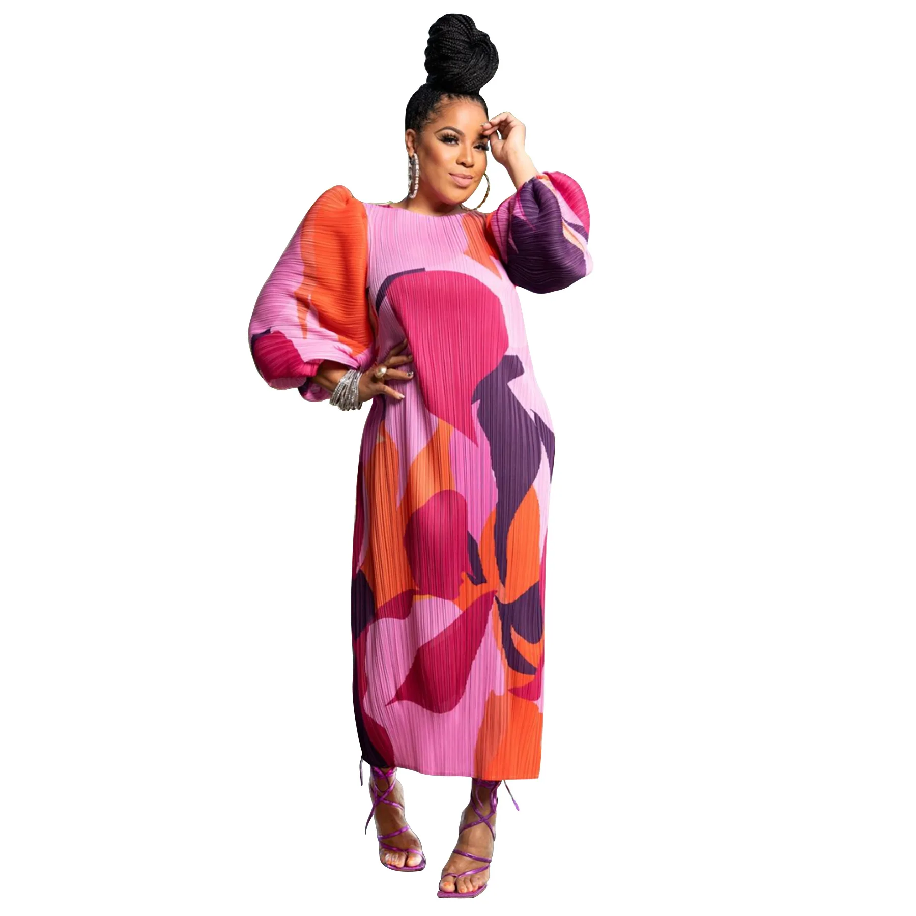 CM.YAYA Elegant Women Pleated Half Lantern Sleeve O-neck Slim Maxi Long Dress Print Fashion Autumn 2024 Ruched Dresses Vestidos