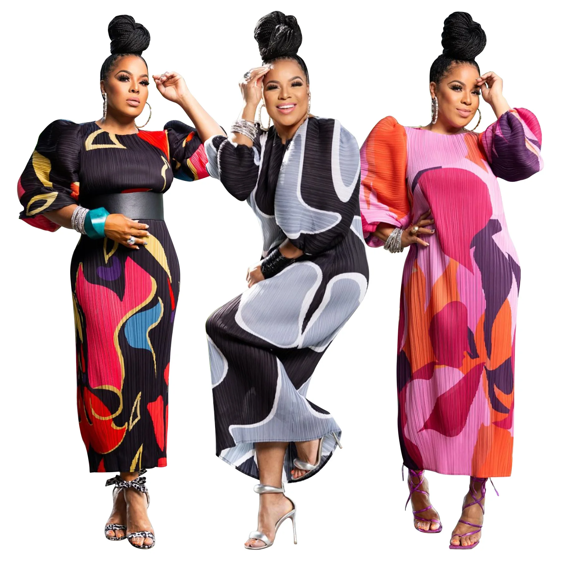 CM.YAYA Elegant Women Pleated Half Lantern Sleeve O-neck Slim Maxi Long Dress Print Fashion Autumn 2024 Ruched Dresses Vestidos