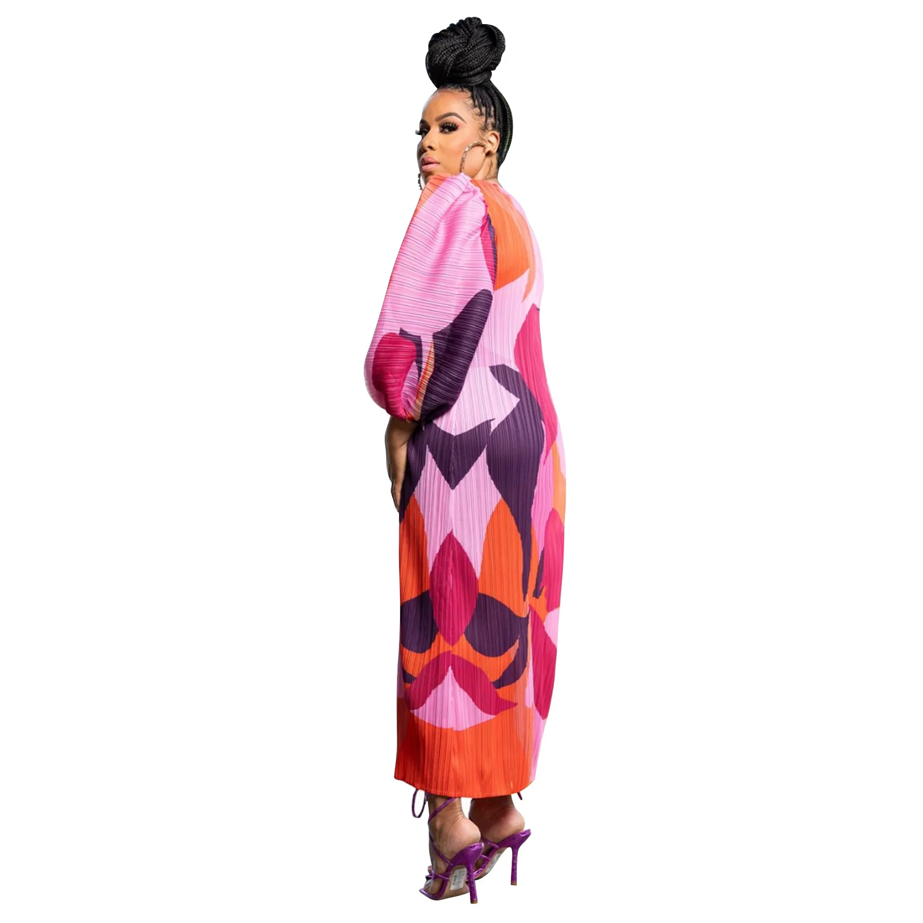 CM.YAYA Elegant Women Pleated Half Lantern Sleeve O-neck Slim Maxi Long Dress Print Fashion Autumn 2024 Ruched Dresses Vestidos