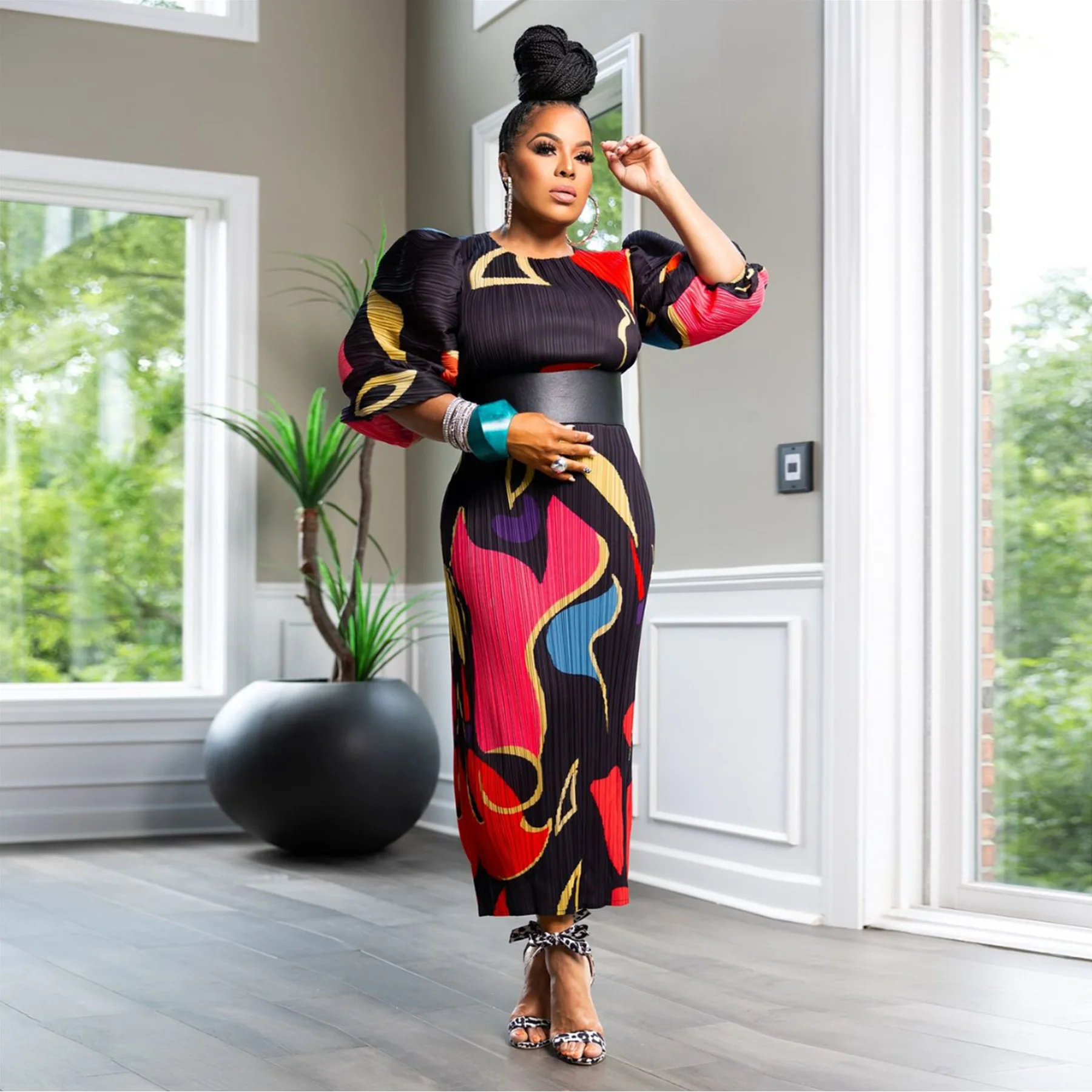 CM.YAYA Elegant Women Pleated Half Lantern Sleeve O-neck Slim Maxi Long Dress Print Fashion Autumn 2024 Ruched Dresses Vestidos
