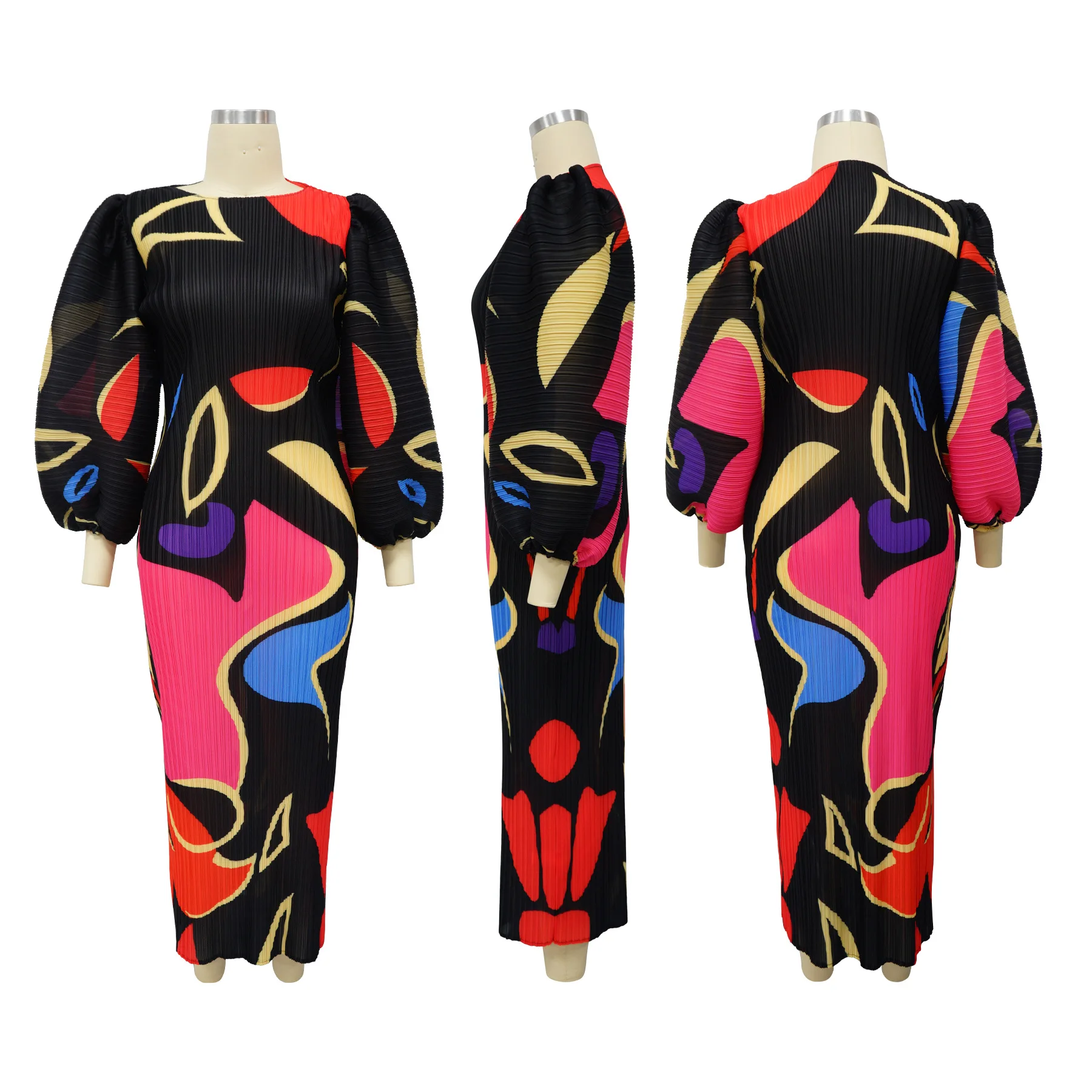 CM.YAYA Elegant Women Pleated Half Lantern Sleeve O-neck Slim Maxi Long Dress Print Fashion Autumn 2024 Ruched Dresses Vestidos