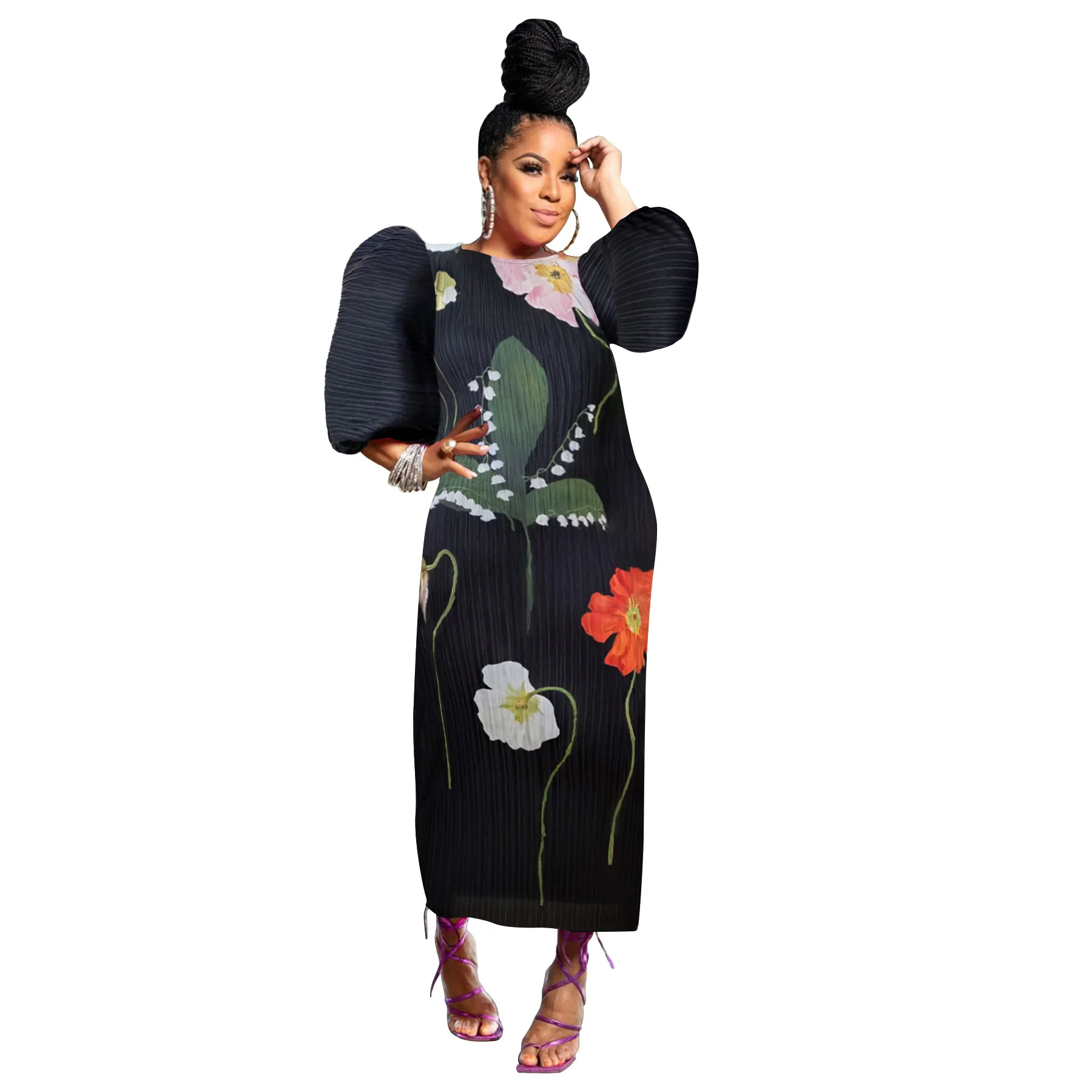 CM.YAYA Elegant Women Pleated Half Lantern Sleeve O-neck Slim Maxi Long Dress Print Fashion Autumn 2024 Ruched Dresses Vestidos