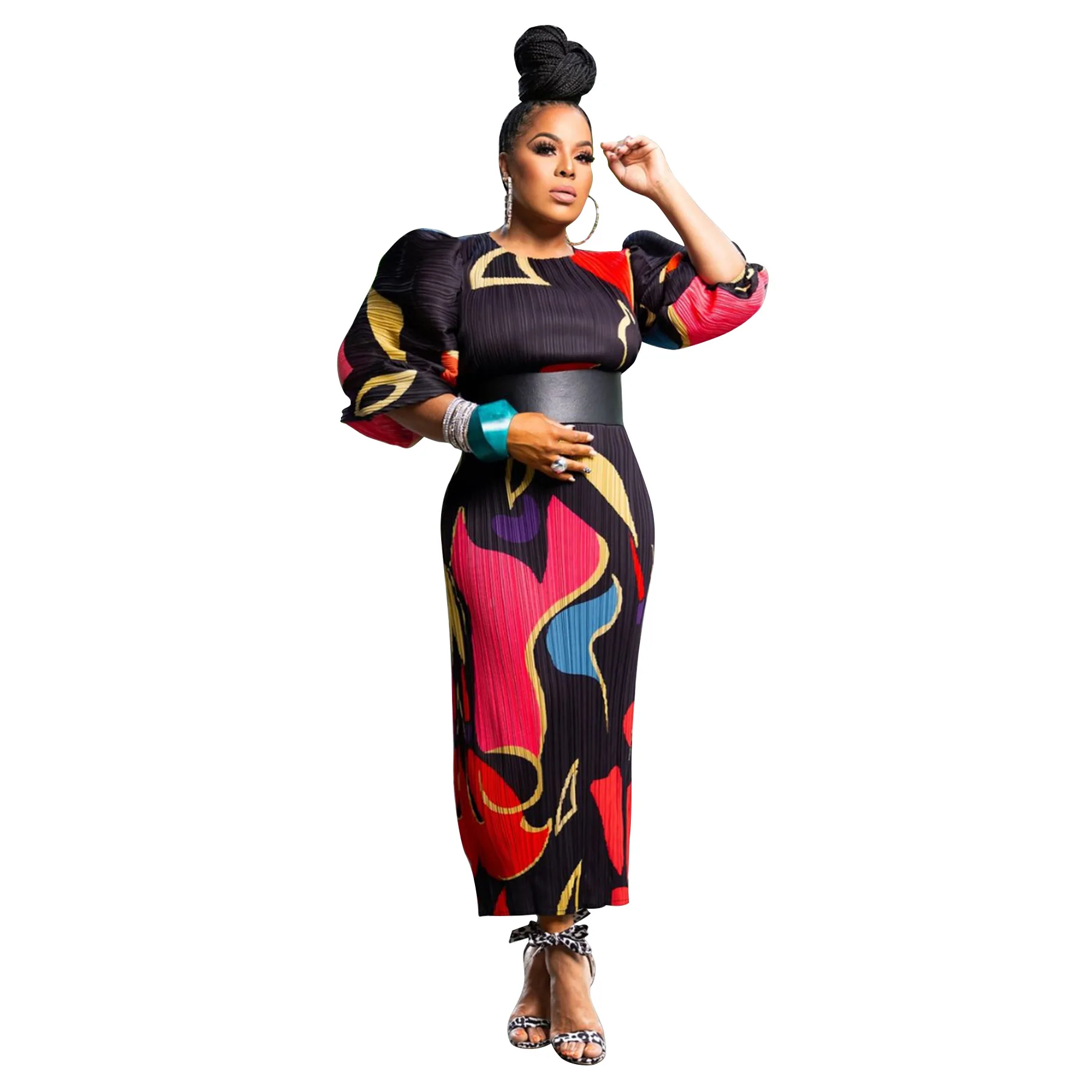 CM.YAYA Elegant Women Pleated Half Lantern Sleeve O-neck Slim Maxi Long Dress Print Fashion Autumn 2024 Ruched Dresses Vestidos