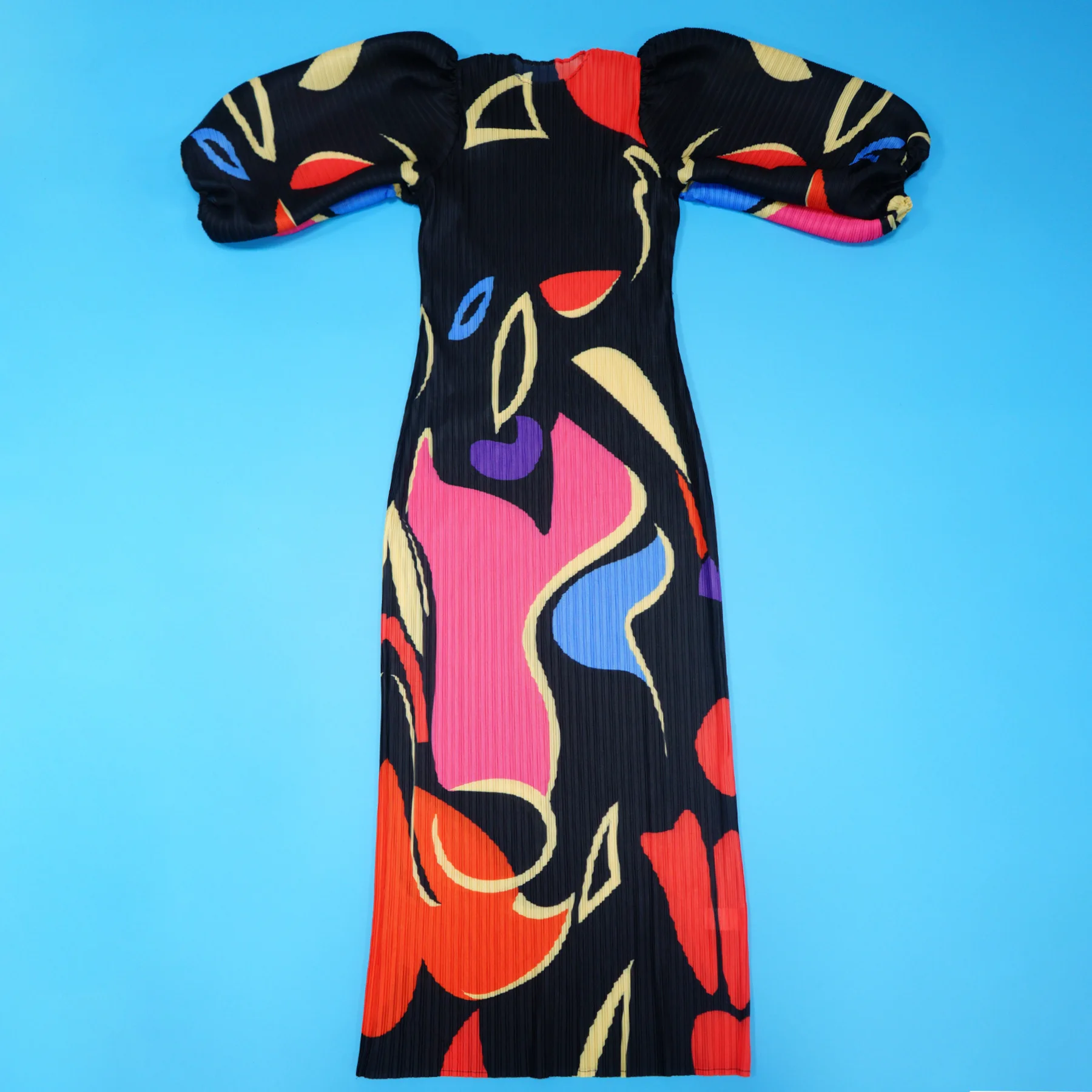 CM.YAYA Elegant Women Pleated Half Lantern Sleeve O-neck Slim Maxi Long Dress Print Fashion Autumn 2024 Ruched Dresses Vestidos